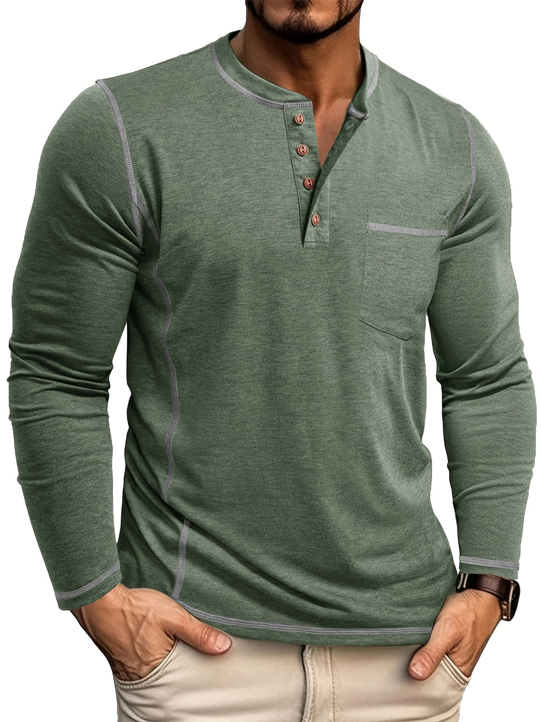 Reuben | Longsleeve Henley z Kontrastowym Szwem