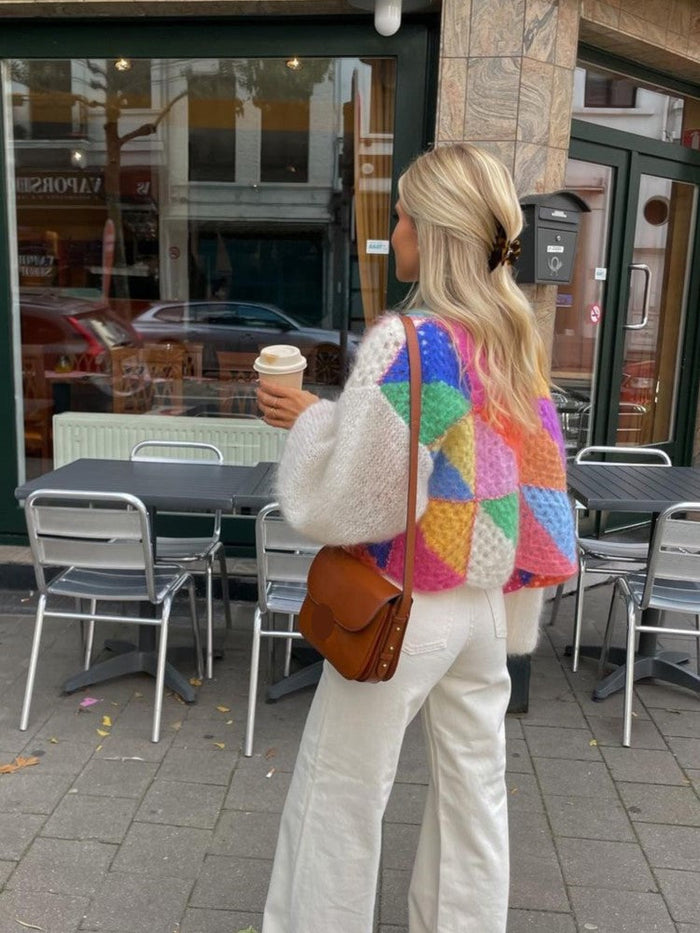 Damski Kolorowy Sweter Oversize z Wzorem Patchwork