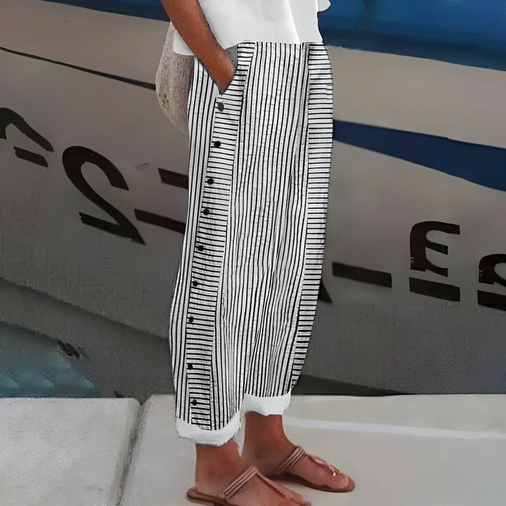 Kendall | Lekkie Spodnie w Paski z Guzikami