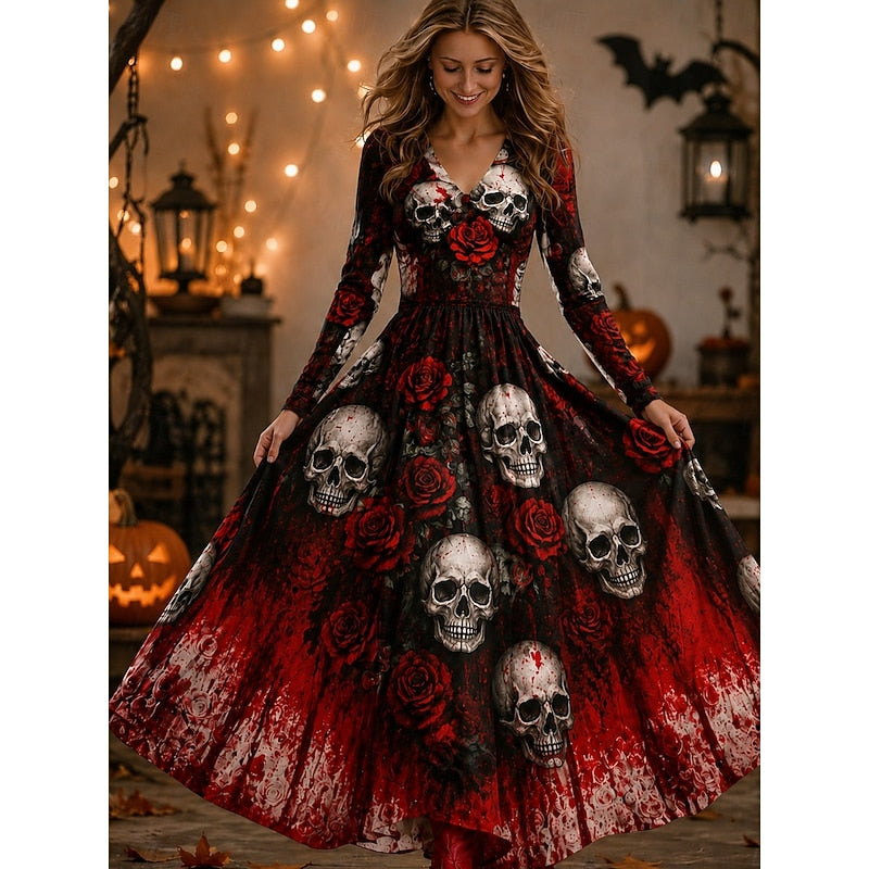 Seraphina | Maxi Sukienka z Wzorem Szkieletu na Halloween