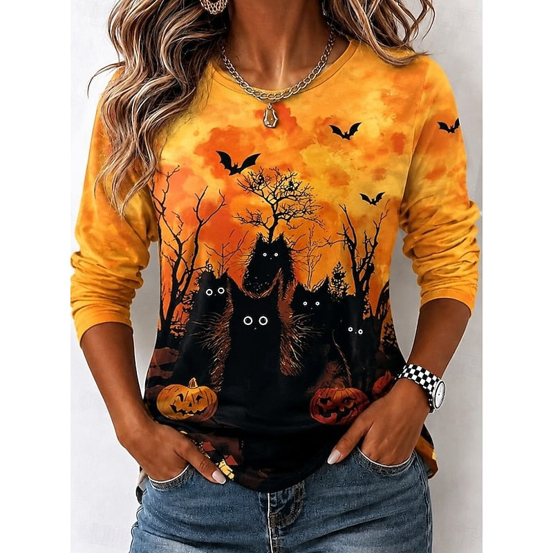 Jesień | Graficzny T-shirt na Halloween z Długim Rękawem