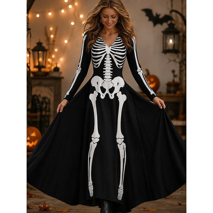 Seraphina | Maxi Sukienka z Wzorem Szkieletu na Halloween