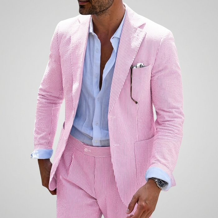 Męski Garnitur Dwuczęściowy w Paski Slim Fit