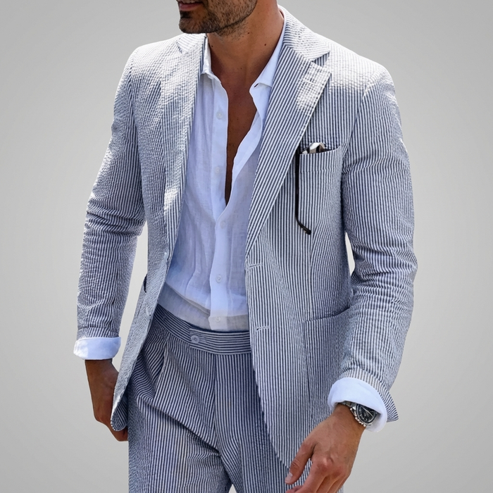 Męski Garnitur Dwuczęściowy w Paski Slim Fit