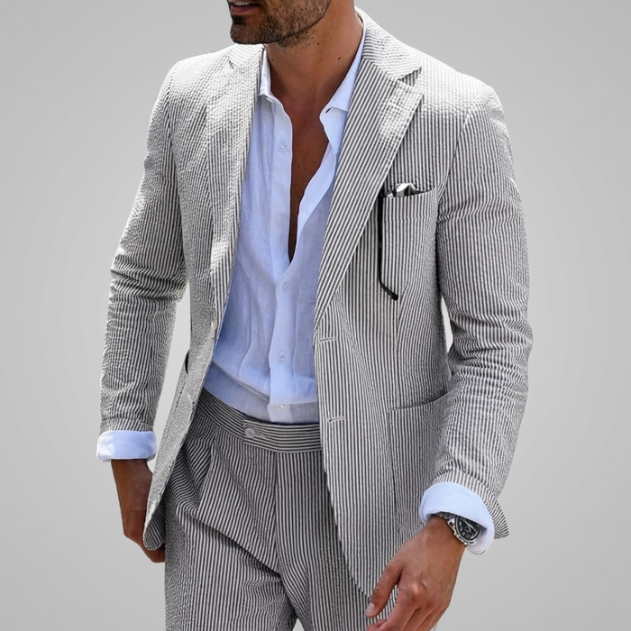 Męski Garnitur Dwuczęściowy w Paski Slim Fit