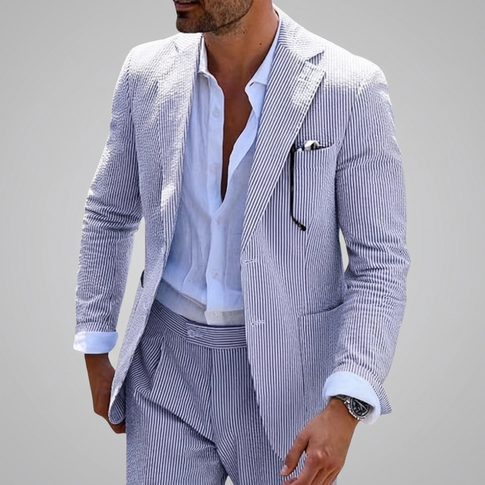 Męski Garnitur Dwuczęściowy w Paski Slim Fit