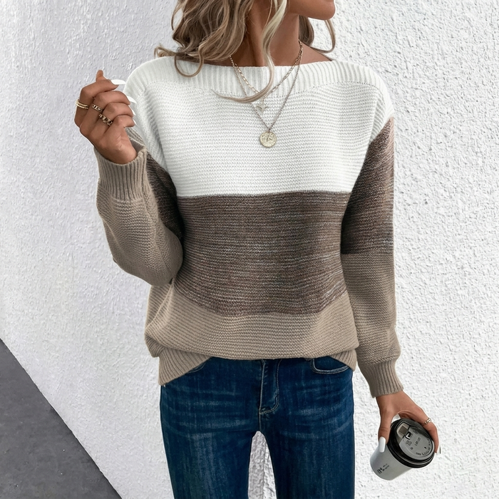 Damski Sweter Patchwork z Okrągłym Dekoltem