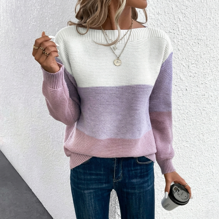 Damski Sweter Patchwork z Okrągłym Dekoltem