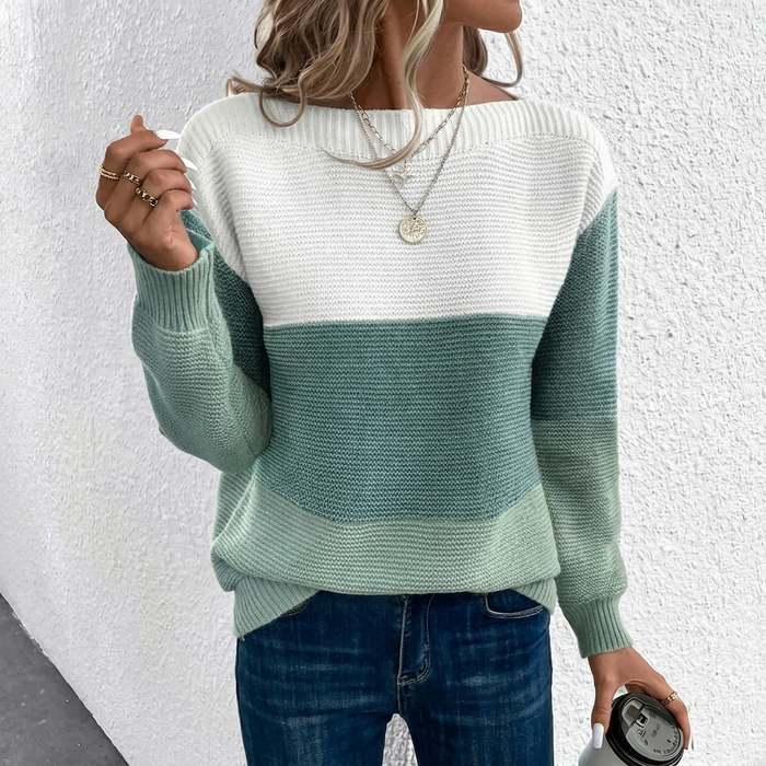 Damski Sweter Patchwork z Okrągłym Dekoltem