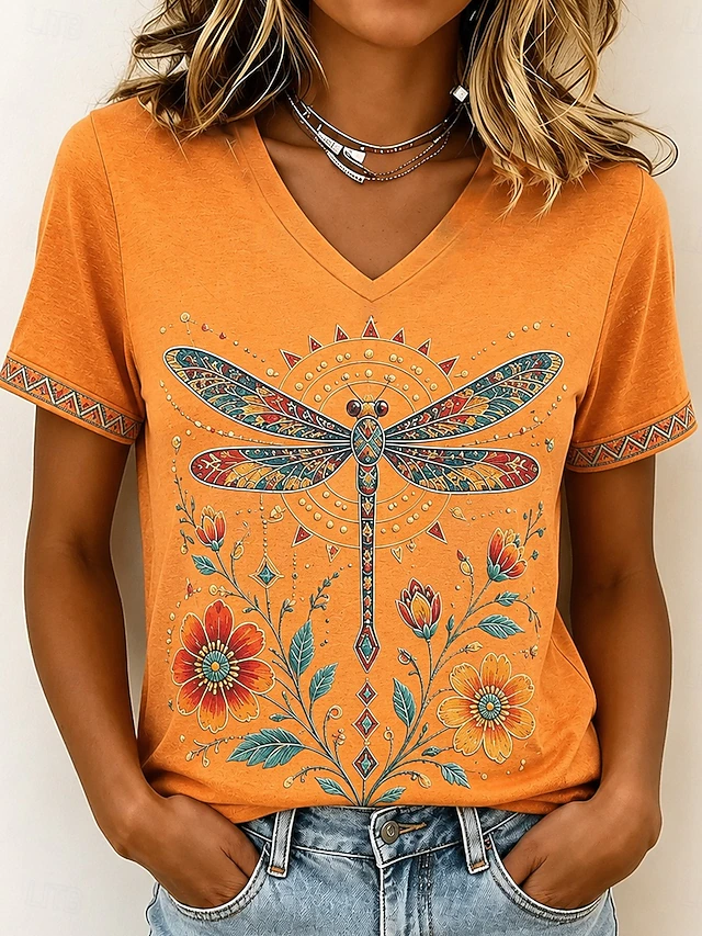 Yvette | T-shirt V-Neck z artystycznym motylem