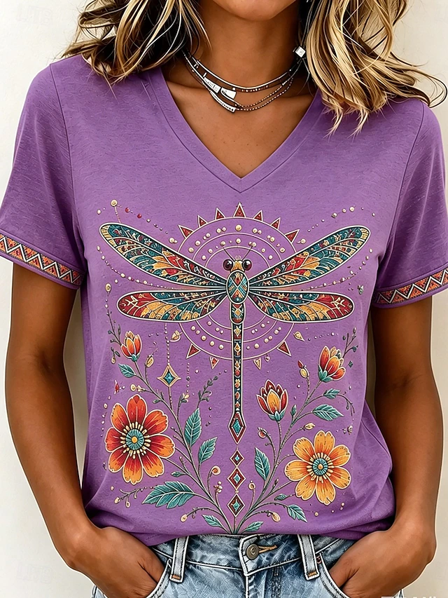 Yvette | T-shirt V-Neck z artystycznym motylem