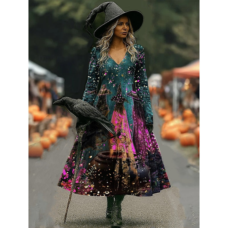 Maren | Sukienka Maxi A-Line z Wydrukiem Czarownicy na Halloween