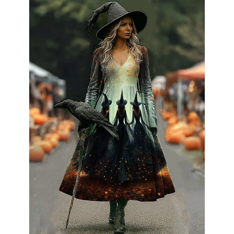Maren | Sukienka Maxi A-Line z Wydrukiem Czarownicy na Halloween