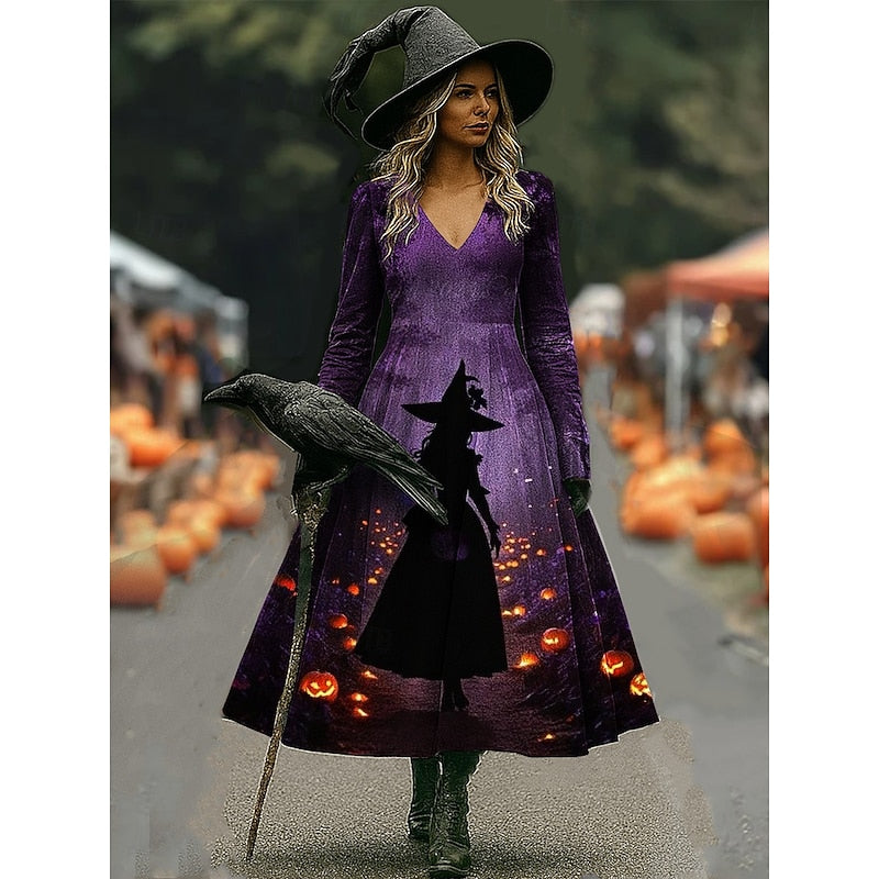Maren | Sukienka Maxi A-Line z Wydrukiem Czarownicy na Halloween