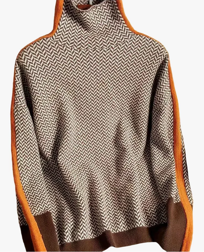Damski Golf z Wzorem Jodełki i Kontrastowymi Rękawami