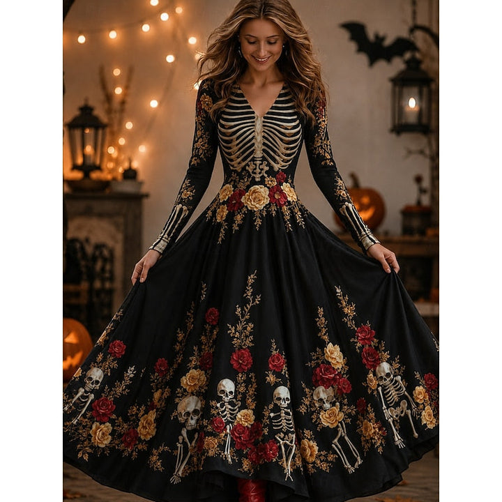 Seraphina | Maxi Sukienka z Wzorem Szkieletu na Halloween