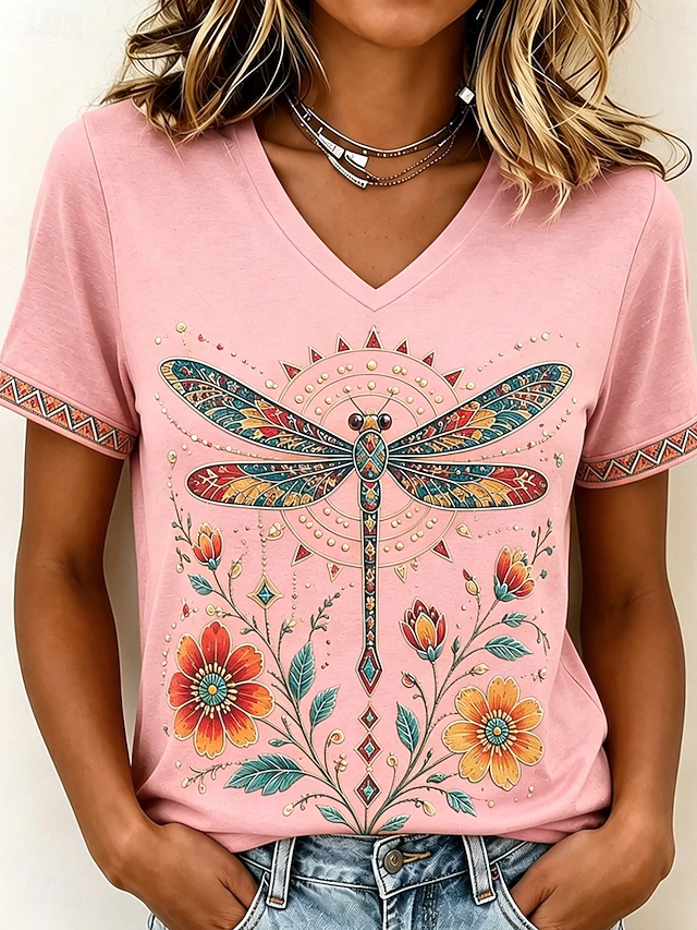 Yvette | T-shirt V-Neck z artystycznym motylem