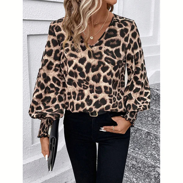 Damska Bluzka z Dekoltem w Serek i Wzorem Leopard